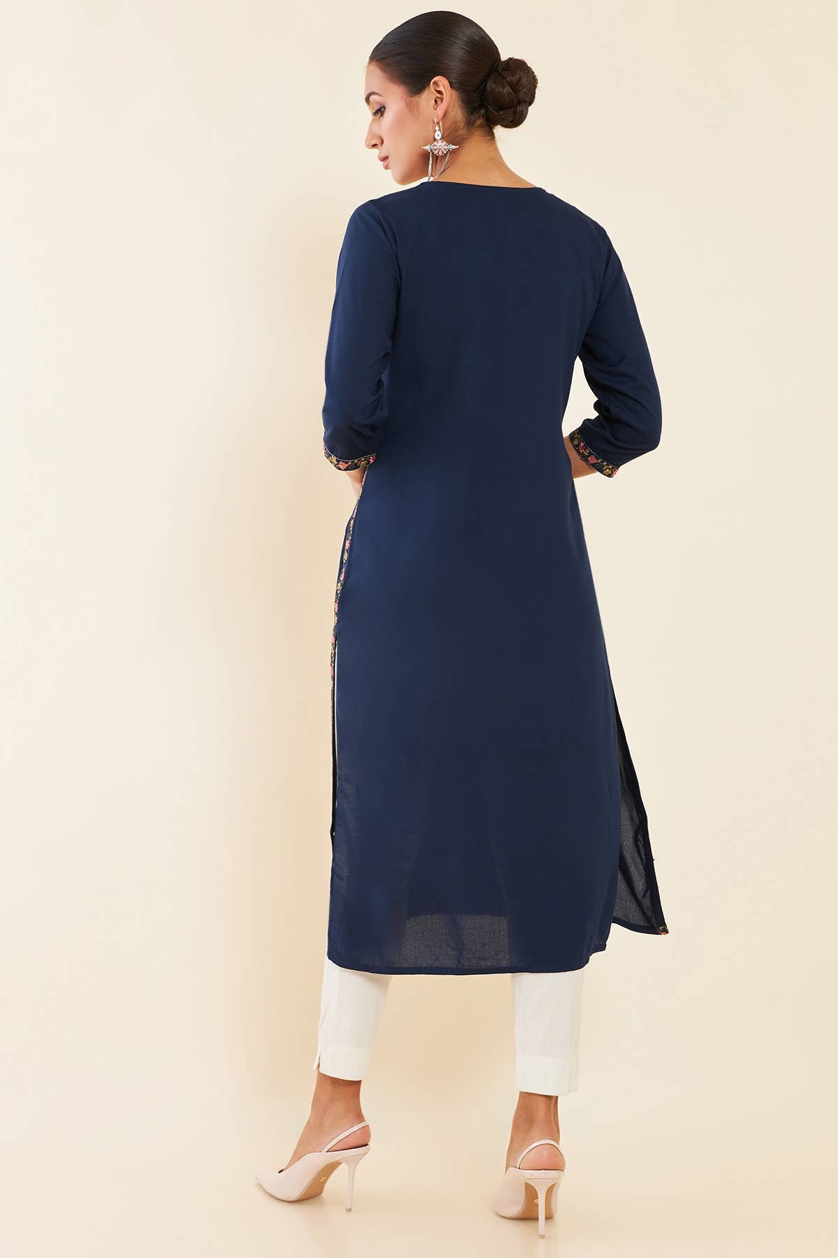 Navy Blue Floral Embroidered Rayon Kurta - Image 4