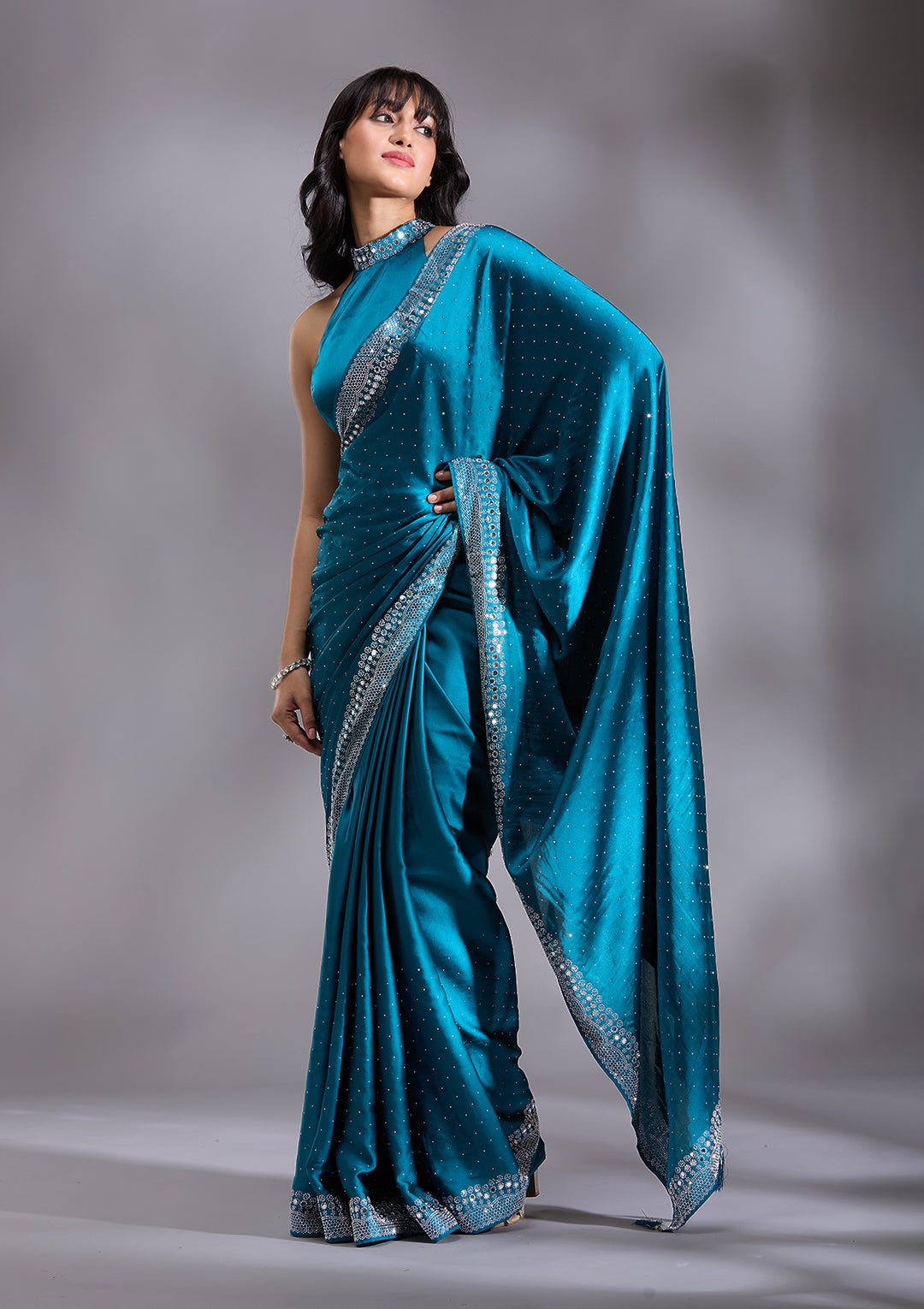 Peacock Blue Silver Stonework Satin Saree - Image 4